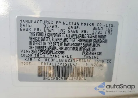 2023 Nissan Kicks Sv z USA, uszkodzony, nr VIN 3N1CP5CV3PL542206